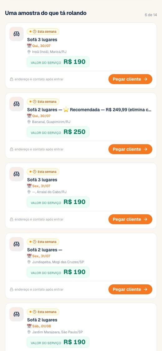 Lista de pedidos no app, com tipo de serviço, data, cidade e valor