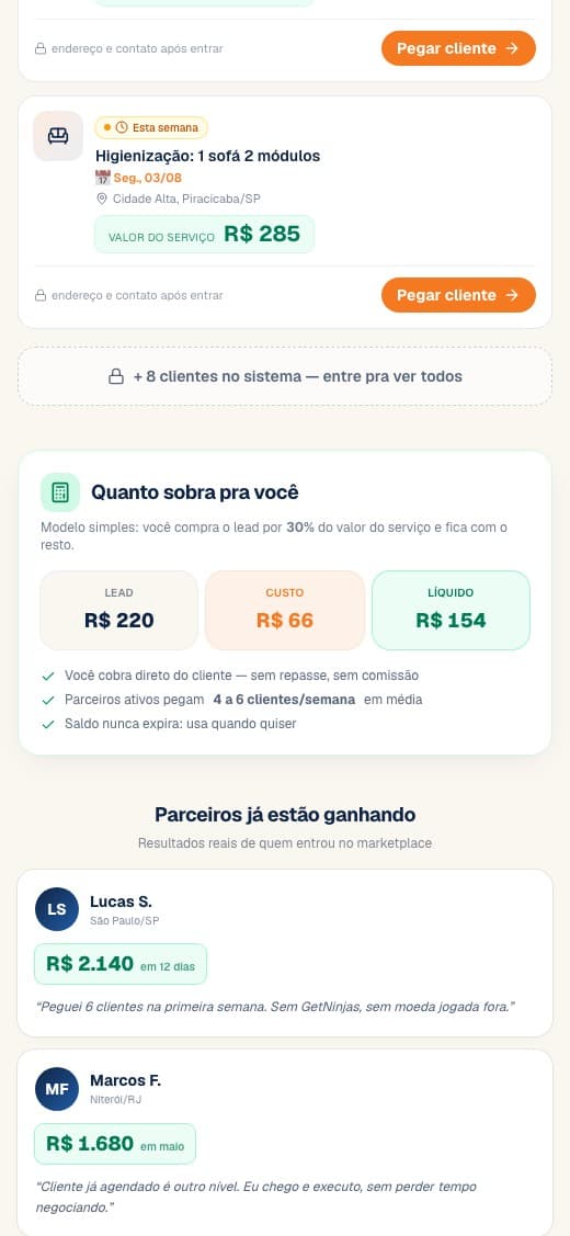 Tela do app com a conta do lead: valor do serviço, custo e líquido