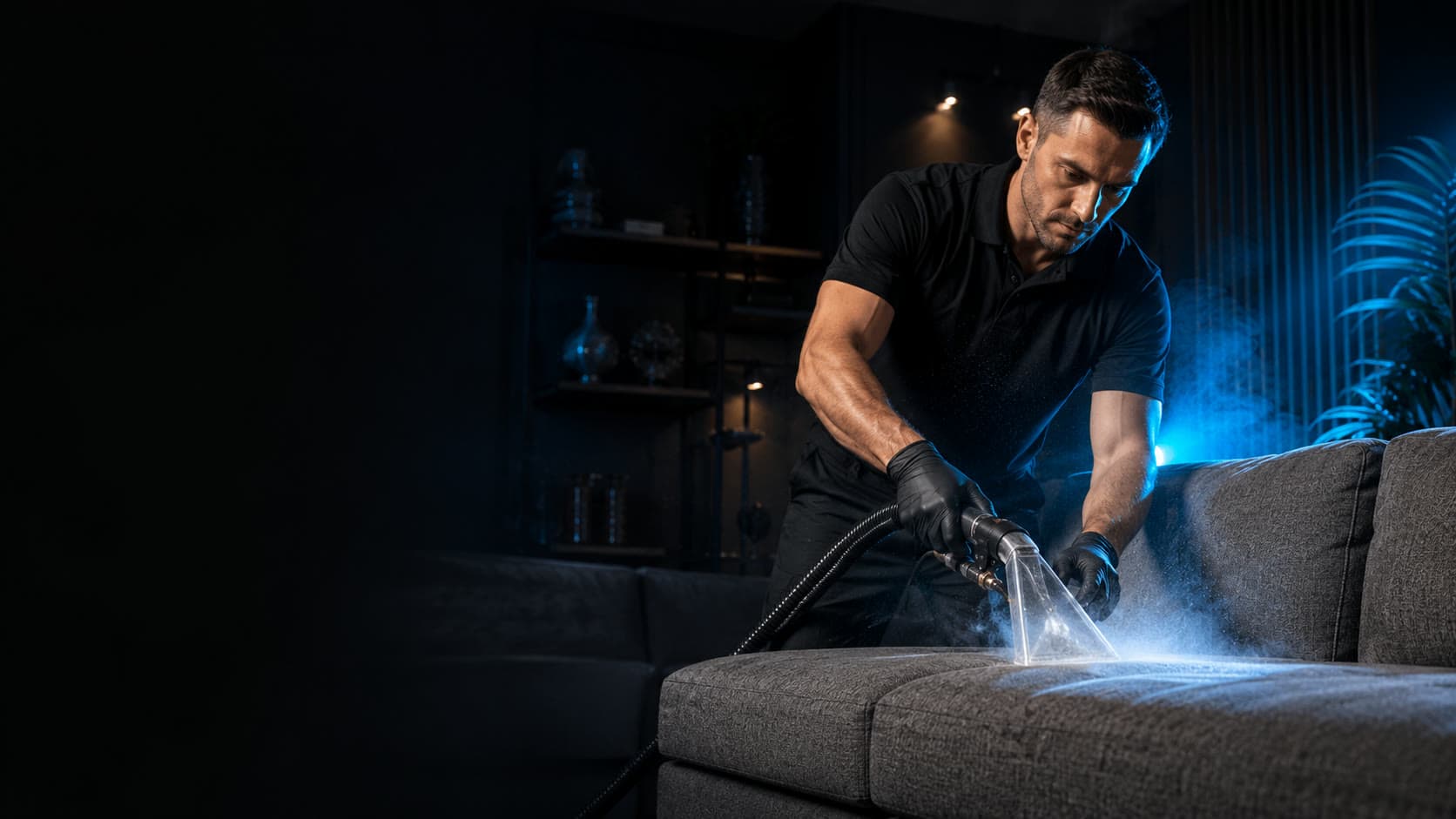 Higienizador profissional extraindo um sofá com o Método CLEAN